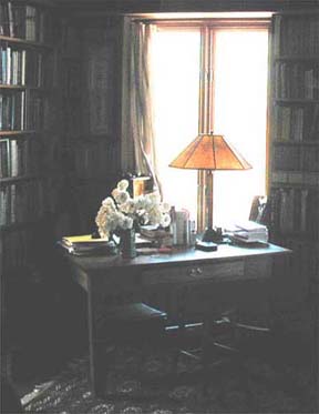 a library desk with lamp surrounded by books